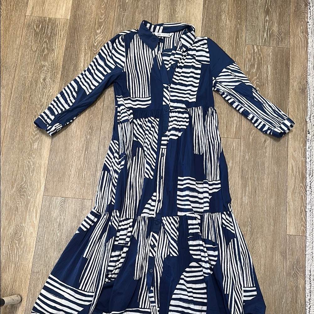 Zara Blue and White Asymmetrical Buttoned Sundress